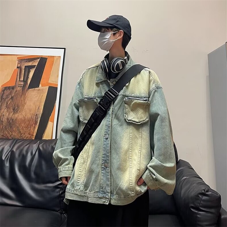 复古立体拉链口袋做旧牛仔外套男潮牌拼接设计感宽松夹克W160,男装夹克,星座1116A-1（原606A）