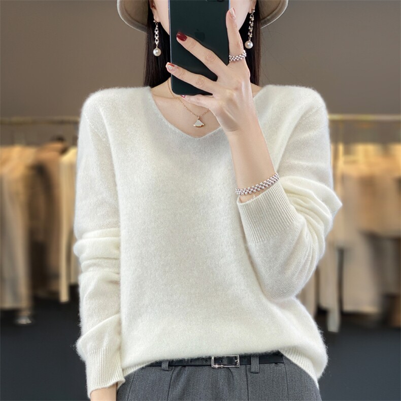 秋冬新款100纯羊毛衫女V领纯色扭花元宝针宽松套头羊绒针织打底衫,女装羊毛衫,鲁菏羊绒