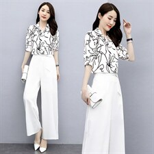 套装女2023年夏装新款女装时尚休闲气质印花上衣阔腿裤套装两件套，女装套装/套裙，关键词