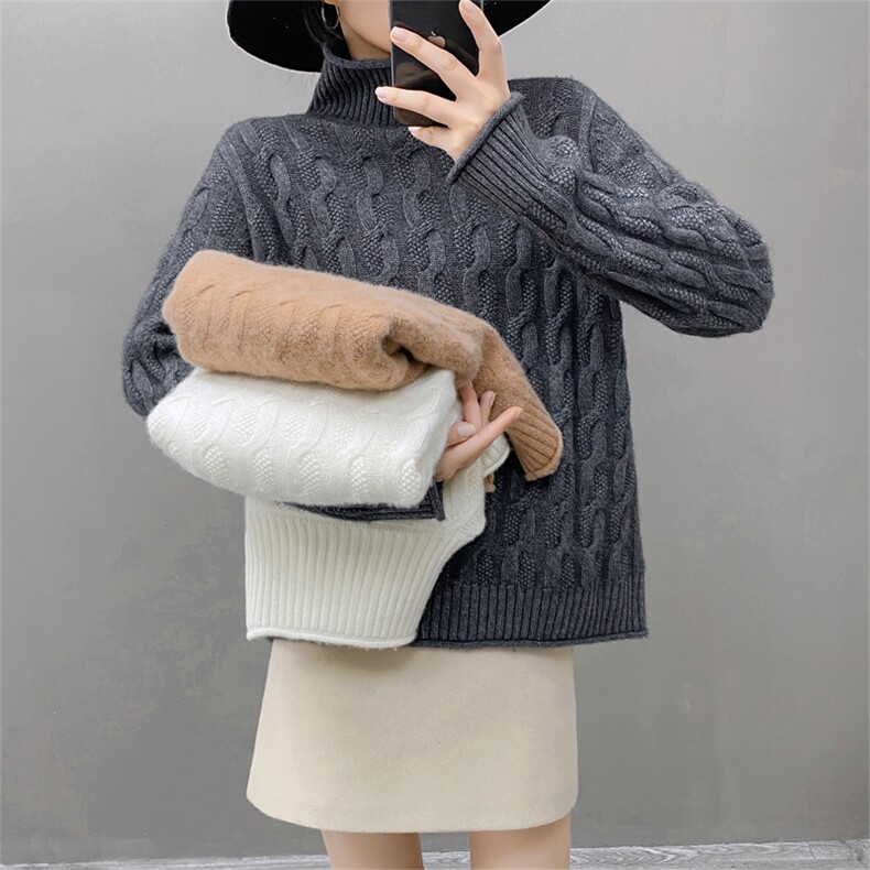 重磅加厚羊绒衫女士半高领毛衣宽松套头打底衫扭花针织长袖针织衫,女装羊绒衫,织绒羊