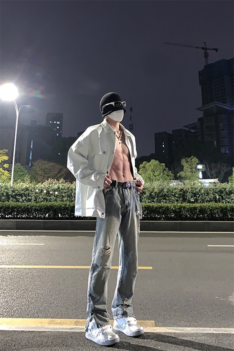 已授权欧美hiphop裤子高街破洞牛仔裤修身直筒拉链微喇工装裤,男装牛仔裤,星座310A-4