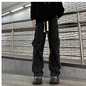 美式高街vibe风多口袋工装牛仔裤男女小众设计感宽松直筒加绒长裤图片