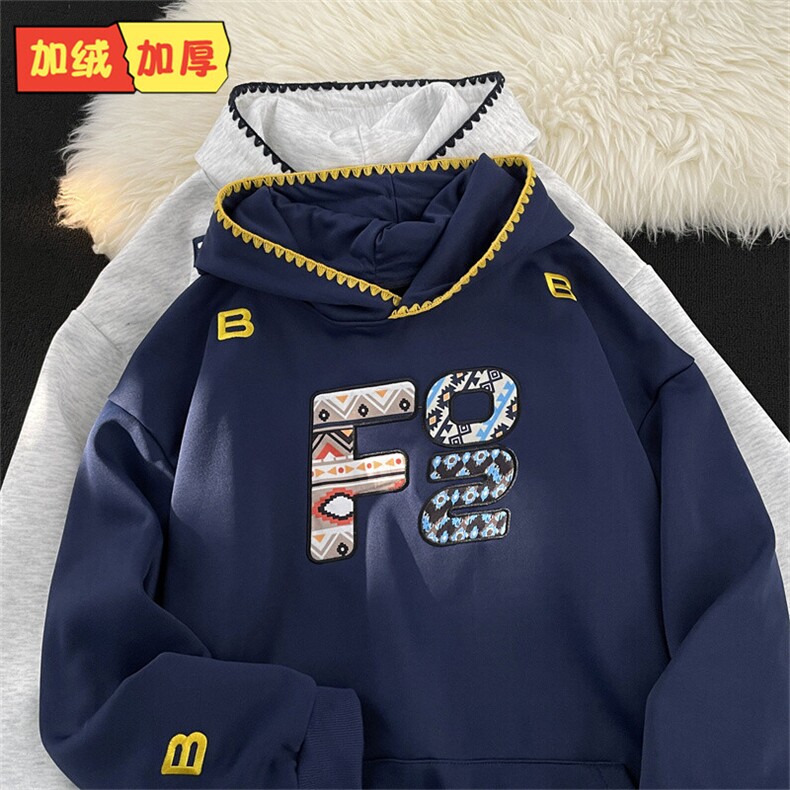 加绒加厚冬款男连帽卫衣字母图案刺绣拼色保暖夹克外套WY130P55，男装夹克，星座1013-1