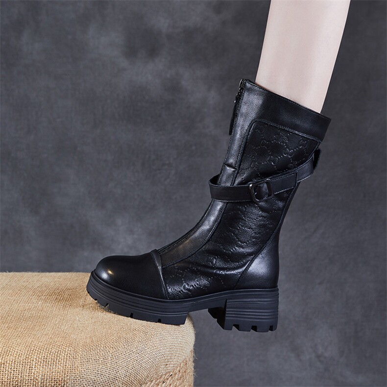 前拉链头层牛皮压花马丁靴女2025秋冬新款厚底真皮中长筒黑色靴子，女鞋马丁靴，电商A223