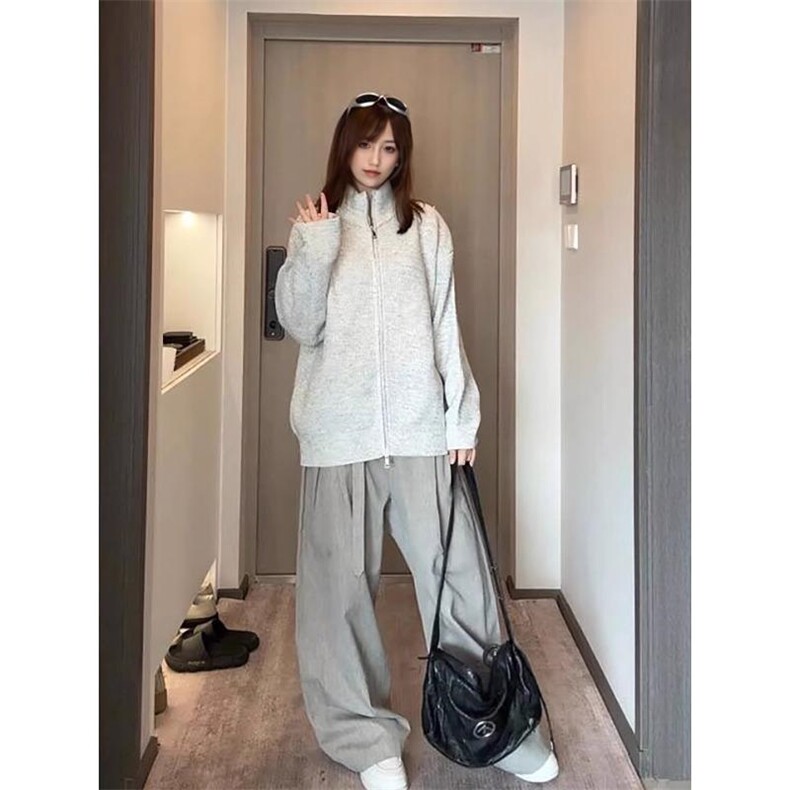 重磅秋冬北极绒双拉链毛衣开衫美式复古休闲慵懒风宽松针织衫外套,男装针织衫/毛衣,电商A486
