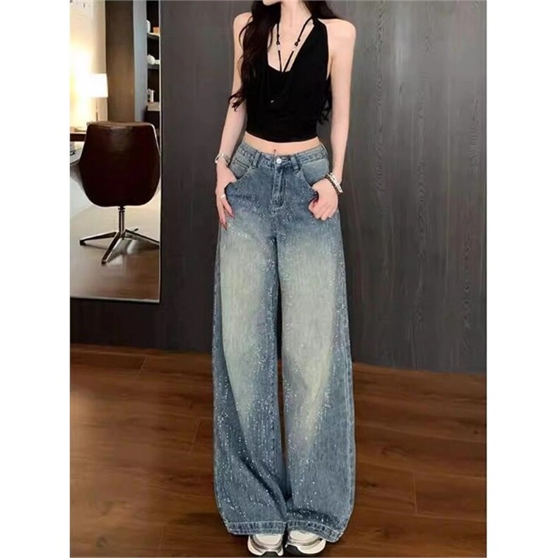 美式复古烫钻直筒牛仔裤女2026春秋新款宽松百搭显瘦阔腿长裤子,男装牛仔裤,星座1210-1