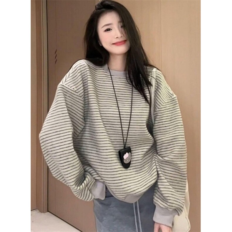 复古条纹圆领无帽长袖卫衣女秋季新款韩系宽松学生上衣W9033,男装卫衣,星座1116A（原606A-3）