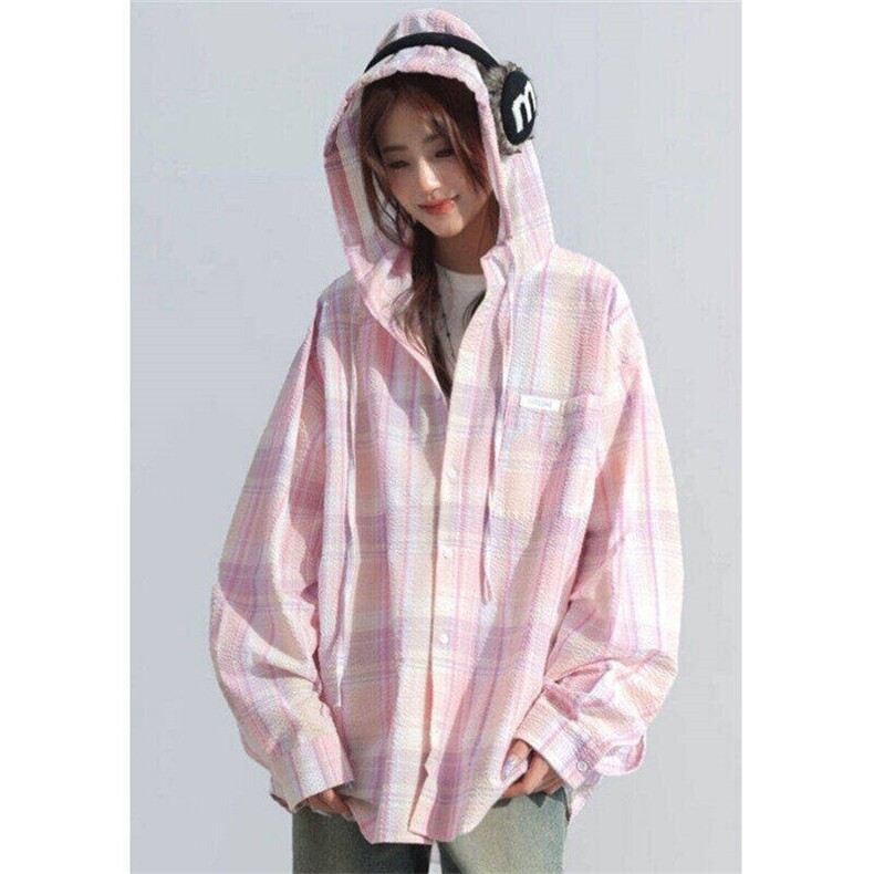 泡泡皱粉色格子连帽防晒衬衫男百搭薄款长袖外搭开衫CE01，男装防晒衣，星座1116A（原606A-3）