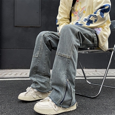 高街工装牛仔裤男水洗潮牌炸街宽松拉链开叉阔腿长裤子WN822-p53，男装牛仔裤，星座1008-1