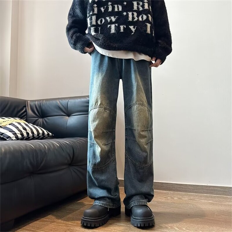 美式复古阔腿牛仔裤男款街头潮牌vibe高街痞帅休闲直筒宽松老爹裤,男装牛仔裤,星座410-7