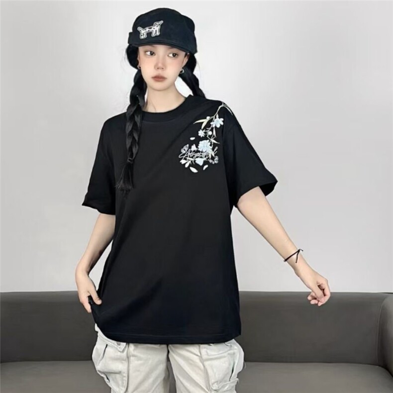 H0841-P35刺绣内里加贴布不刺身纯棉220克宽松情侣短袖T恤,女装T恤,星座617A-2