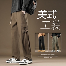 秋冬男休闲工装裤大口袋织带纯棉宽松长裤加大码M-5XLH651P40，男装休闲裤，星座1013-1