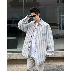 DP096-P40Colour美式潮牌条纹门襟刺绣长袖衬衫男女ins潮流衬衣，男装衬衫，电商C233