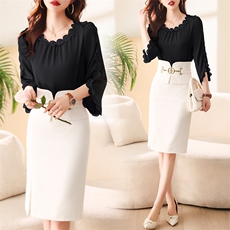 气质荷叶边半身裙女春秋2025新款显瘦高腰包臀一步裙中长款职业裙，女装套装/套裙，卡杰菲