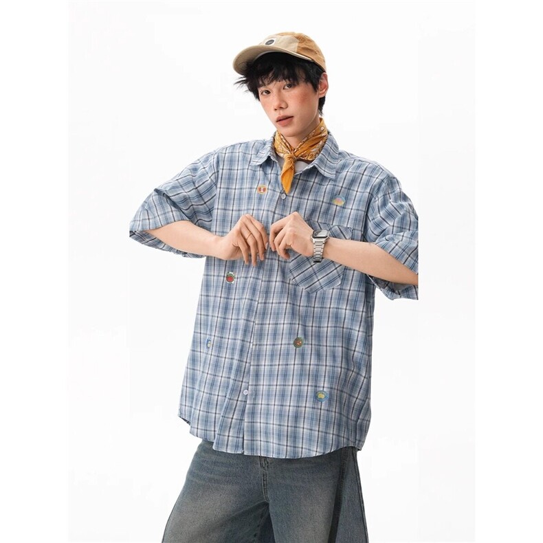 水果贴纸短袖衬衫男女夏季格子半袖宽松休闲衬衣C7017-P42,男装T恤,星座1001-1