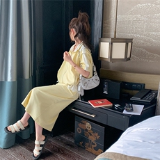 现货淡黄色套装蕾丝拼接两件套裙2C187-8810-P155-K238，女装套装/套裙，2C187