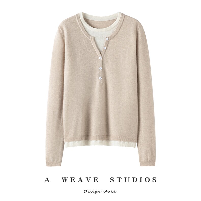 2025平面剪刀领钉扣假两件时尚简约百搭，女装针织衫/毛衣，兴泰羊绒