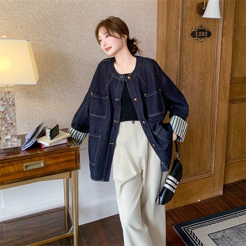 条纹拼接牛仔外套女2025春季新款休闲超火小个子宽松百搭夹克上衣,女装短外套,2C108
