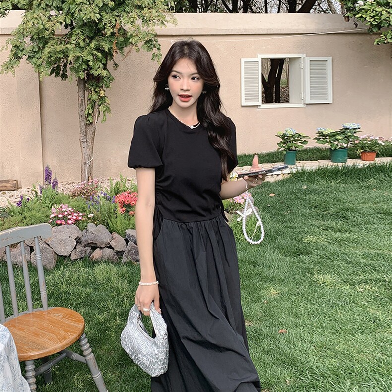 夏季新款黑色赫本风短袖针织拼接连衣裙显瘦高腰长裙,女装连衣裙,帛锦泉