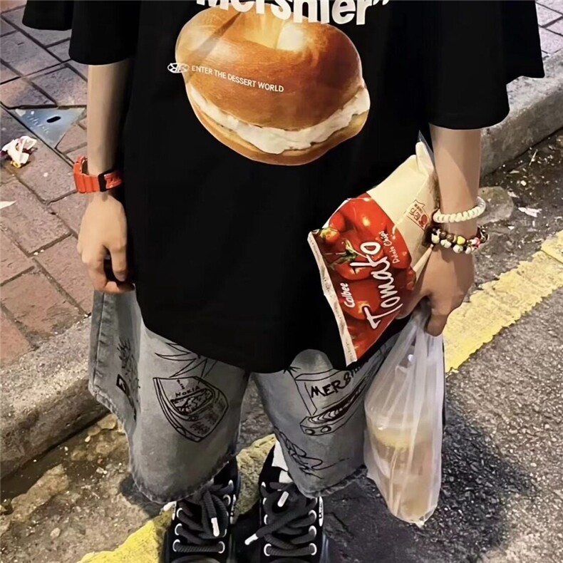 网图美式复古涂鸦印花七分牛仔裤潮牌短裤宽松阔腿裤 D012-P45图片