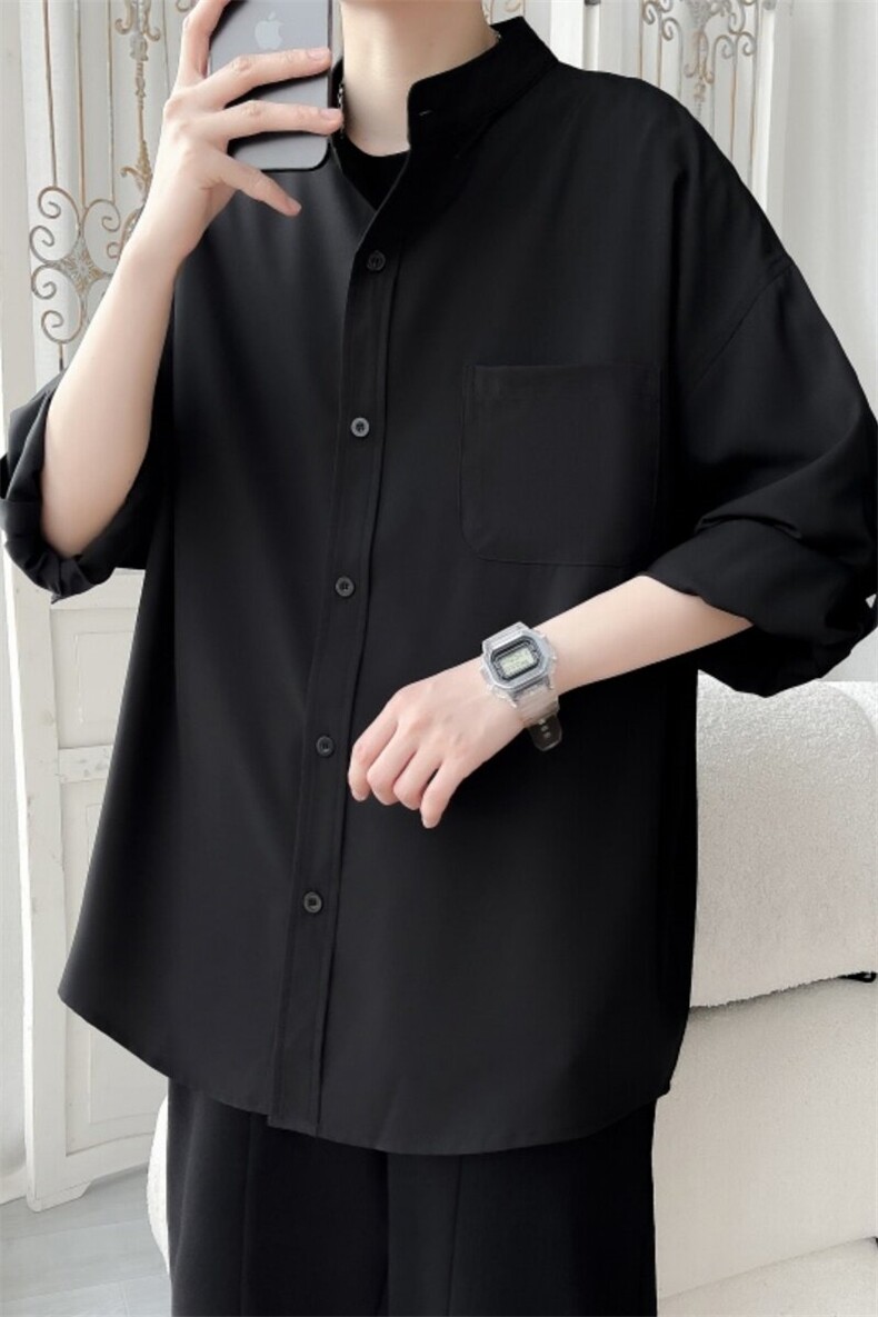 C5035/P30夏季新品立领衬衫男简约纯色痞帅薄款黑色七分袖衬衣,男装衬衫,电商A141