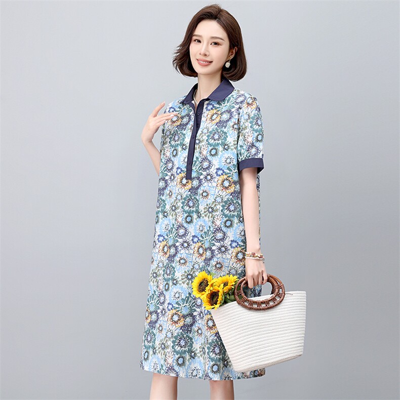 现货2025年夏文艺优雅印花休闲连衣裙,女装连衣裙,依恋蒂丝