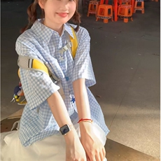 蓝色泡泡纱短袖衬衫男女夏季设计感纽扣格子衬衣休闲情侣外套，男装T恤，星座601-1