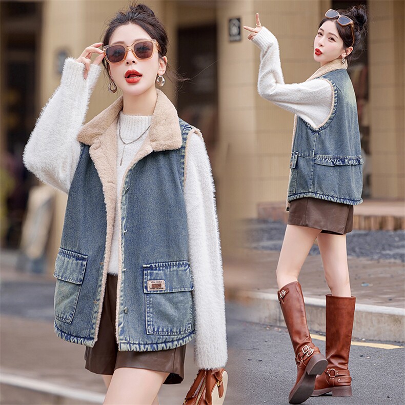 休闲百搭加绒牛仔马甲外套女2025冬季新款复古大版外搭马夹，女装马甲，印象茜