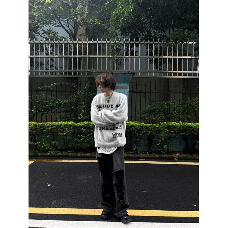 7042-P54美式潮牌海马毛字母提花长袖毛衣男女新款秋季慵懒风,男装针织衫/毛衣,电商B323A