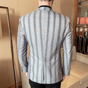 2021男士西服西外套 仿亚麻男商务条纹西装 0802-图片