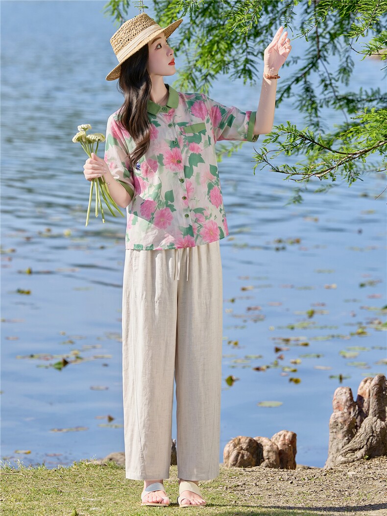 2026年夏季休闲时尚翻领印花上衣衬衫裤子套装两件套女,女装套装/套裙,依路服饰
