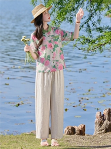 2026年夏季休闲时尚翻领印花上衣衬衫裤子套装两件套女图片