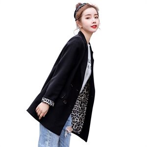 2021春秋季新款时尚简约百搭修身显瘦小西装女外套西装领豹纹翻边袖图片