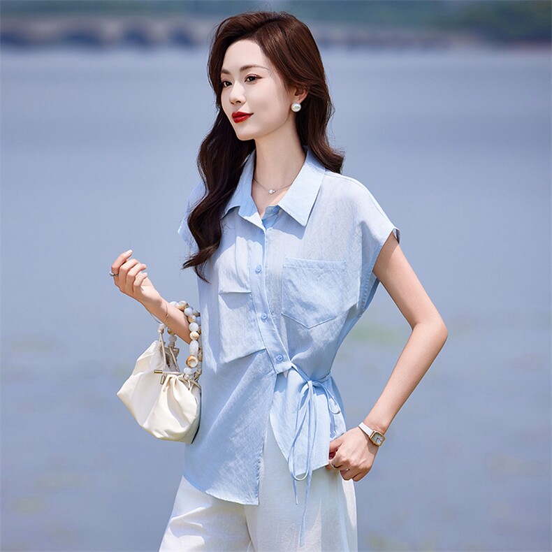 时尚休闲女夏季薄款2025新款高级感减龄短袖衬衫阔腿裤，女装衬衫，靓衣阁