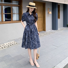 复古印花纯棉连衣裙女2025新款夏季宽松收腰显瘦超好看休闲衬衫裙，女装连衣裙，MQ