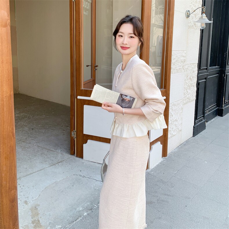 -2026年春季纯色拼接花边休闲时尚小香风两件套套装外套女,女装套装/套裙,1D102-1