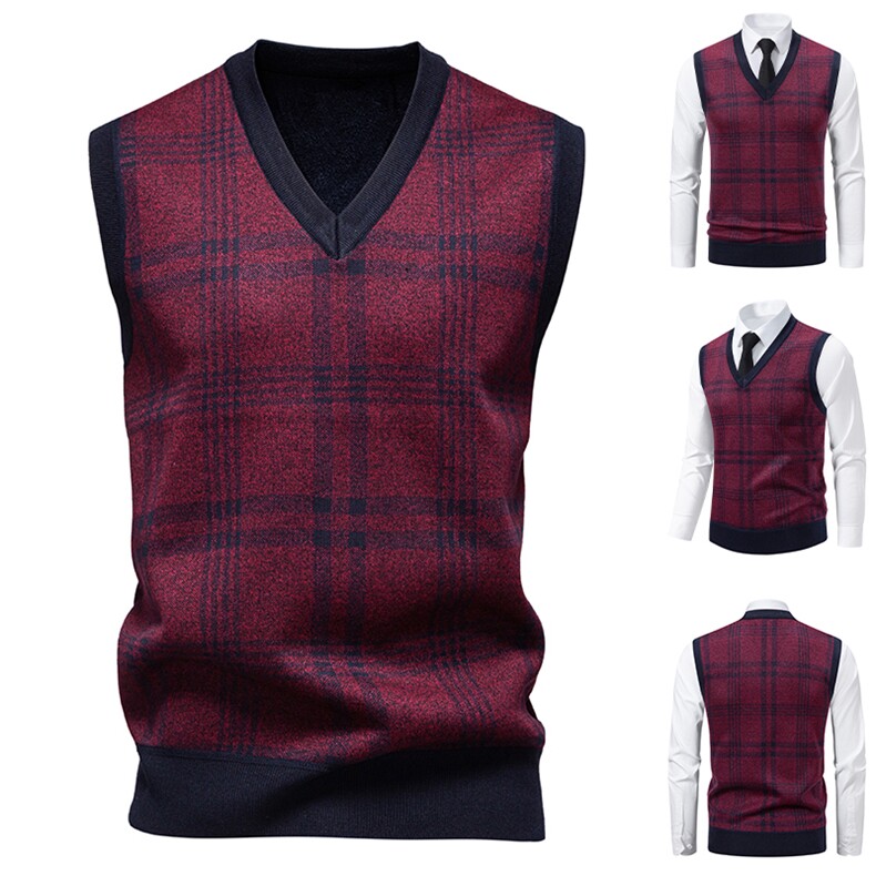 秋冬季加绒休闲爸爸装格子马甲套头宽松中老年款坎肩毛衣背心M19，男装针织衫/毛衣，星座1706