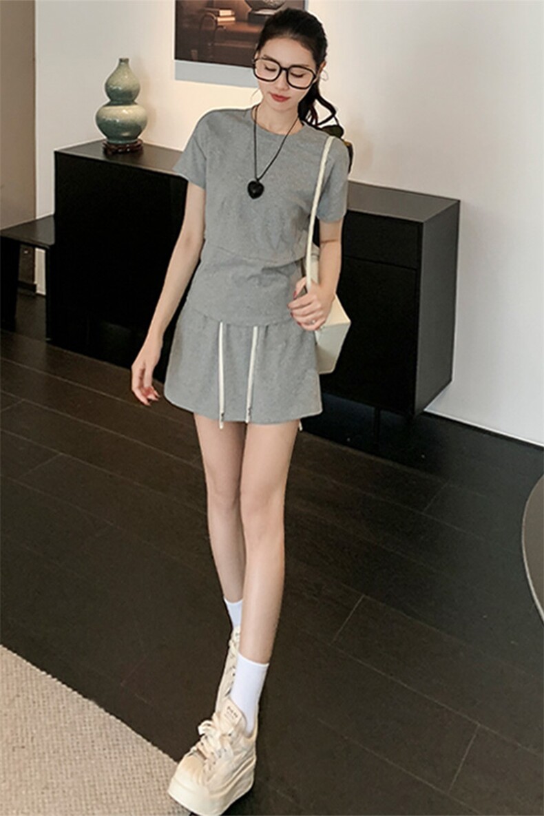 女夏季新款时尚运动百搭休闲套装洋气修身短袖上衣抽绳短裤两件套,女装套装/套裙,2C310