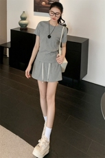 女夏季新款时尚运动百搭休闲套装洋气修身短袖上衣抽绳短裤两件套，女装套装/套裙，2C310
