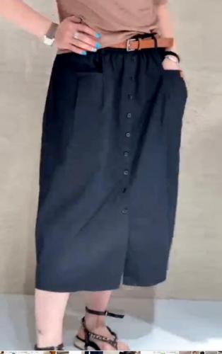 CMX2125新款时尚潮流百搭双口袋一排扣中长款松紧半身裙,女装半身裙,L·H·X