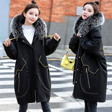 2022冬季新款时尚休闲加绒中长款棉衣宽松舒适大毛领棉服外套图片