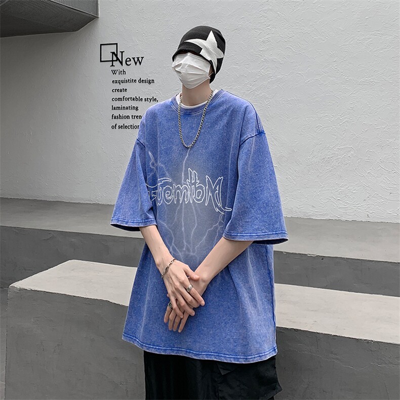B239-1090-P38闪电字母印花复古水洗做旧重磅落肩袖短袖T恤,男装T恤,星座514-2(原B239)