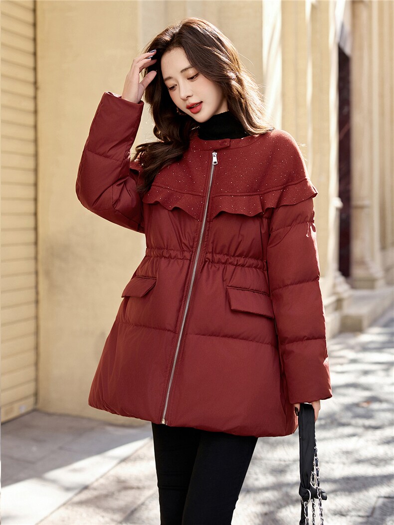 拼接羽绒服女中长款冬季2025新款宽松圆领加厚白鸭绒外套,女装羽绒服,冬木谷雨