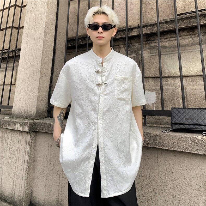潮风新中式暗纹提花短袖衬衫男夏季高街设计宽松小众上衣P48图片