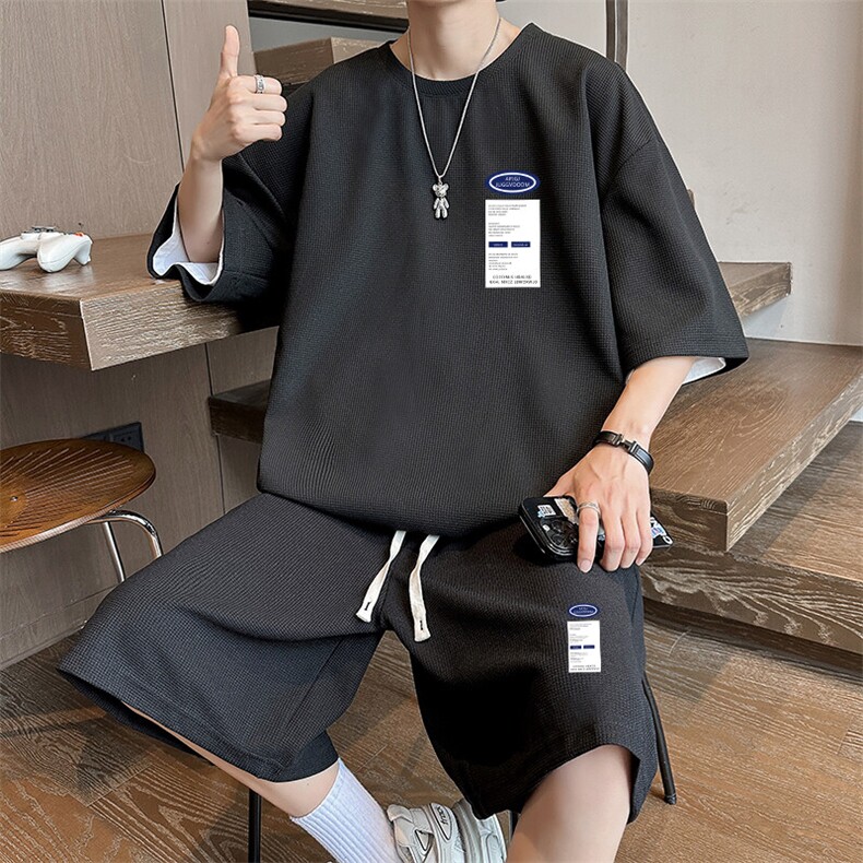短袖t恤男青少年夏季潮牌华夫格学生衣服搭配帅气休闲运动一套装,男装T恤,星座1904A-1