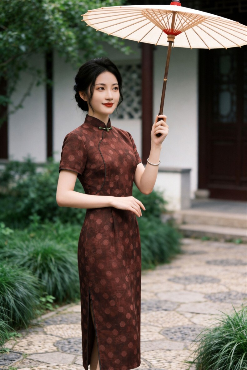 夏季新品时尚气质金丝提花香云纱品质真丝喜庆中长款旗袍裙,女装汉服/婚纱/旗袍/礼服,媚琳依坊