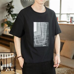 2021夏季新款日系大码男几何印花棉麻短袖亚麻风T恤T195-P30图片