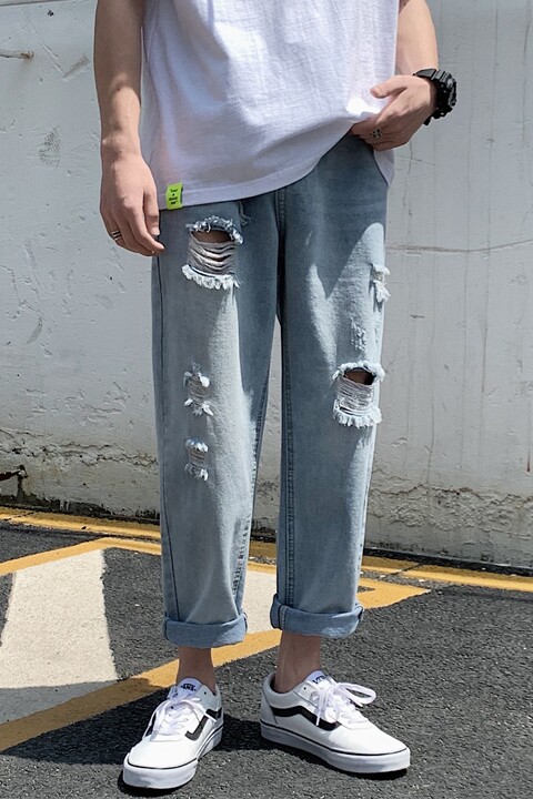 主推有差价夏季牛仔裤男港风直筒宽松破洞中性老爹裤NB160,男装牛仔裤,星座1008