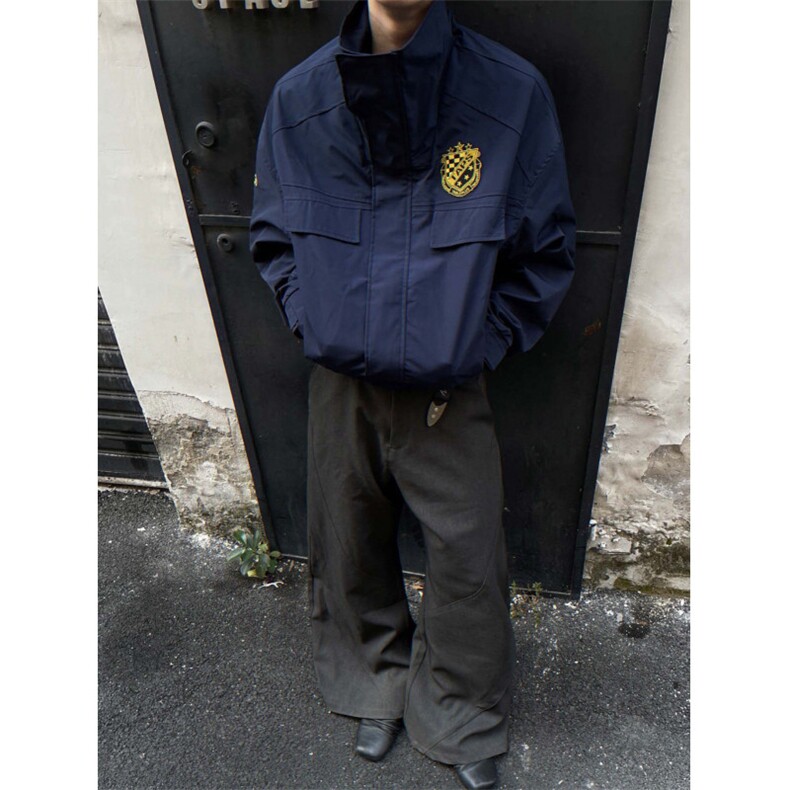 美式复古徽章刺绣boxy宽松工装夹克男女廓形立领冲锋衣短宽款外套,男装夹克,四季星座505