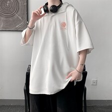 LD54237-P45连帽短袖t恤男大码胖子带帽五分袖中袖大皂风，男装T恤，电商A040